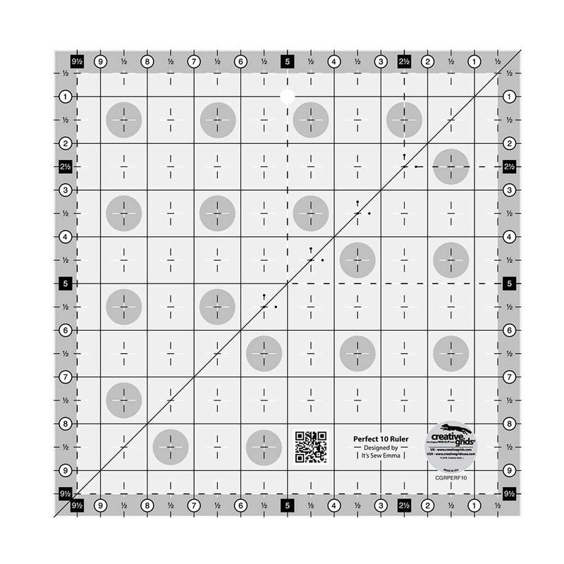 Creative Grids Perfect 10 Quilting Ruler â€“ CGRPERF10 â€“ Made in USA, 10in x 10in Square, Non-Slip Grip Acrylic Quilting, Sewing, Crafting, Patchwork Ruler for Measuring & Cutting Fabric - Image 1